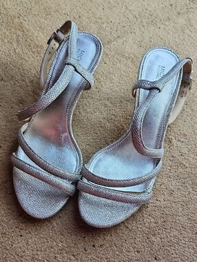 Michael Kors Metallic Silver Glitter Strappy Heels